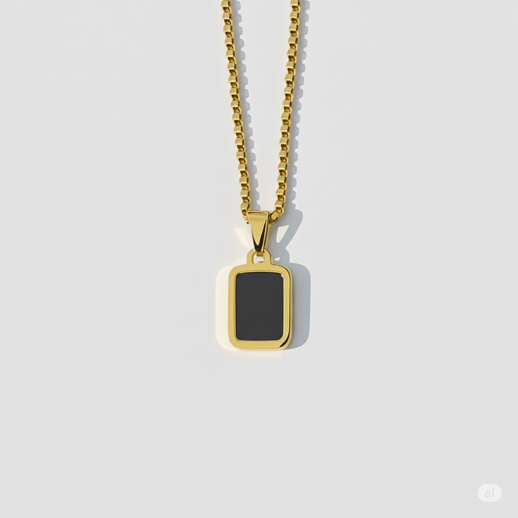 Golden Chain With Square Black Stone Pendant