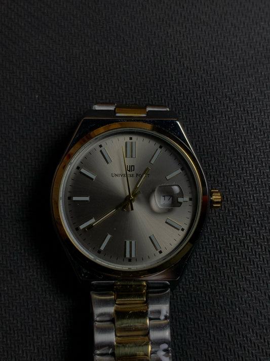 Universe Luxury Silver Grey Watch With Gold Silver Straps And Neon Hours.